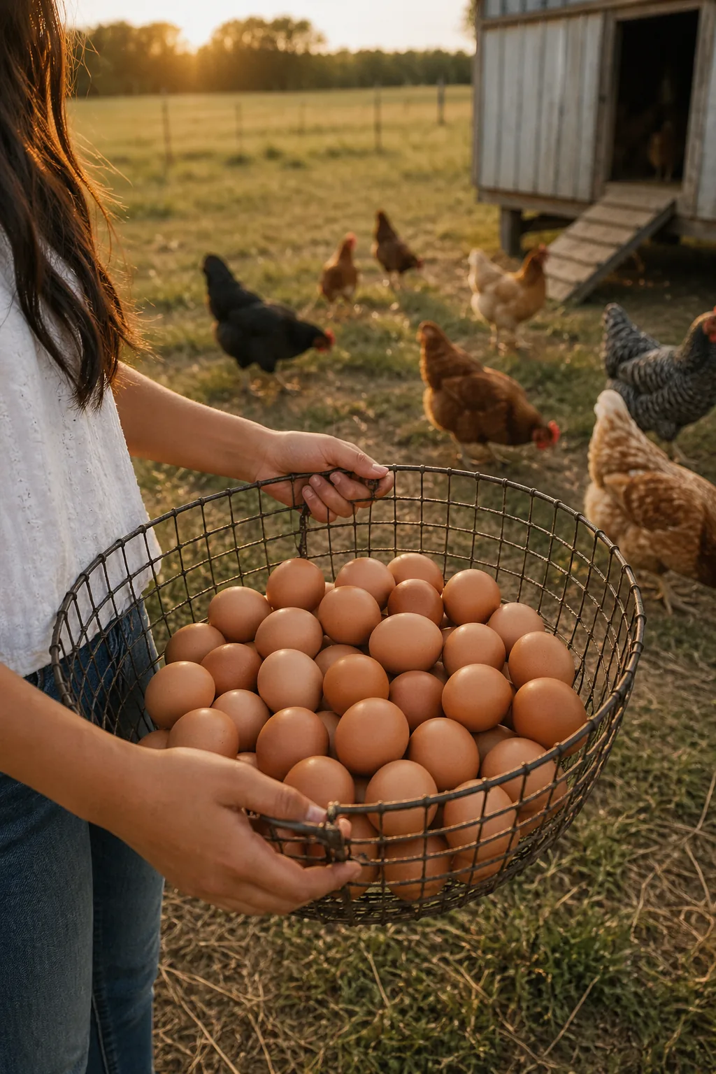 Fresh brown eggs in a wire basket with hens grazing nearby