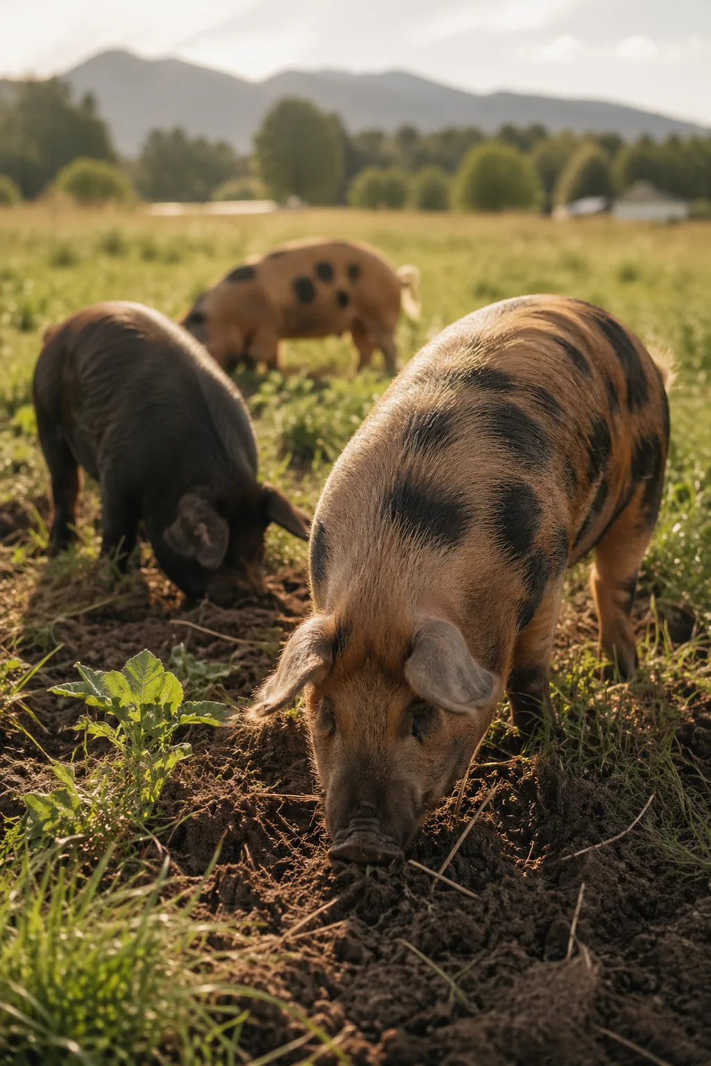 Heritage breed pigs rooting and foraging in pasture