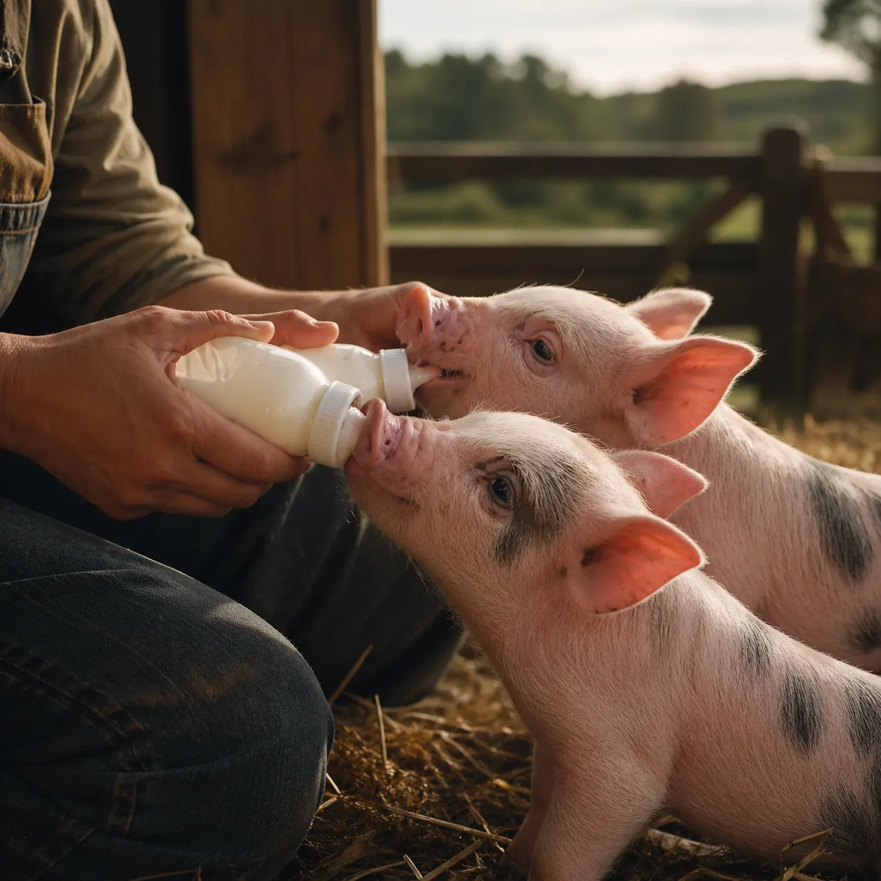 Farmer bottle-feeding two pink piglets in a straw-bedded pen at golden hour